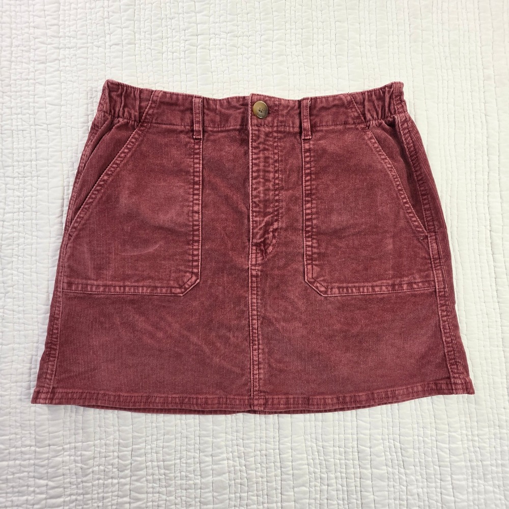American Eagle Burgundy Corduroy Mini Skirt Super Stretch Pockets Size 6 15in